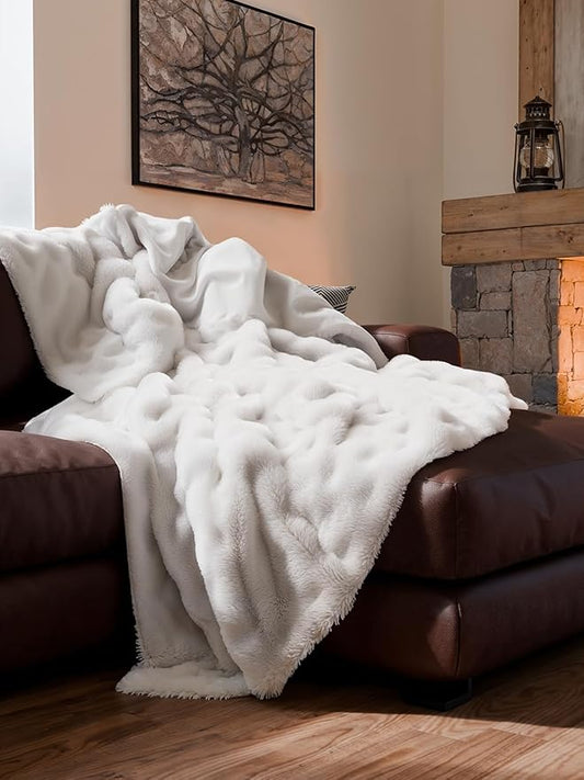 Fluffy Blanket Throw Size - Faux Fur Throw for Couch or Bed - Ultra Plush Soft Extra Thick Faux Fur Rabbit Blanket - Comfy, Fuzzy, Warm & Breathable - Luxury Minky Tie Dye Bedding - 50" x 60", White