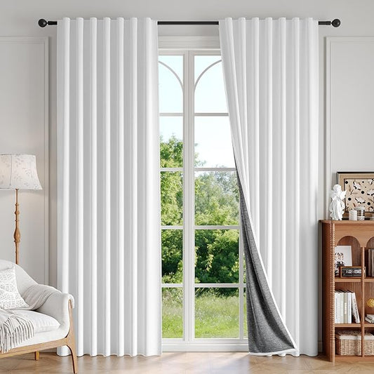 100% Blackout Curtains for Bedroom, Thermal Insulated Curtains 63 Inch Length Curtain 2 Panels, Luxury Soft Farmhouse Linen Textured Full Light Blocking Room Darkening Drapes, W52xL63, White
