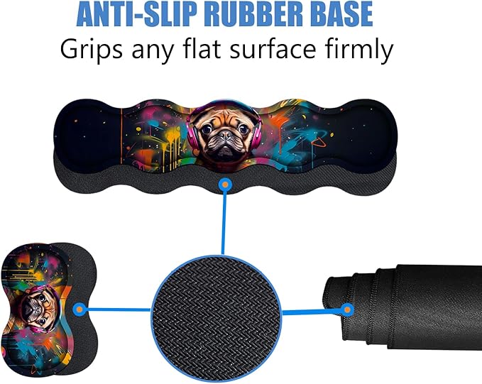 4 in 1 Ergonomic Memory Foam Mouse Pad Wrist Rest Set, Large XXL Gaming Desk Pad + Keyboard Wrist Rest + Mouse Wrist Cushion + Coaster for Home Office Study Gaming, Cute Pug with Headphones