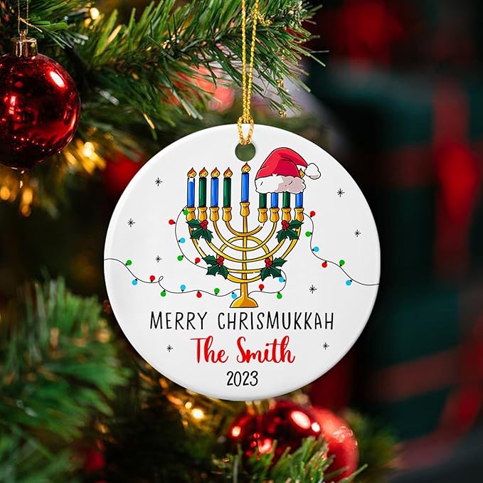 Hanukkah Holiday Christmas, Merry Chrismukkah 2025 Ornament, Personalized Chrismukkah, Hanukkah Ceramic Ornament, Custom Name & Year Christmas Tree Decor, Jewish and Christian Ornament