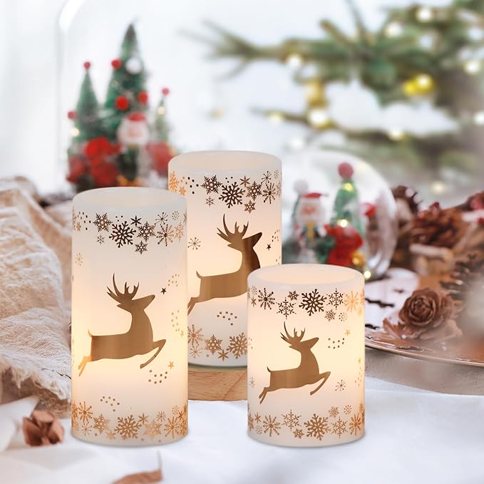 DRomance Gold Deer Flameless Flickering Candles Battery Operated with 6H Timer, 3 Pack Real Wax Warm Light LED Pillar Candles Dinner Tabletop Holiday Centerpiece Decor 3" x 6"