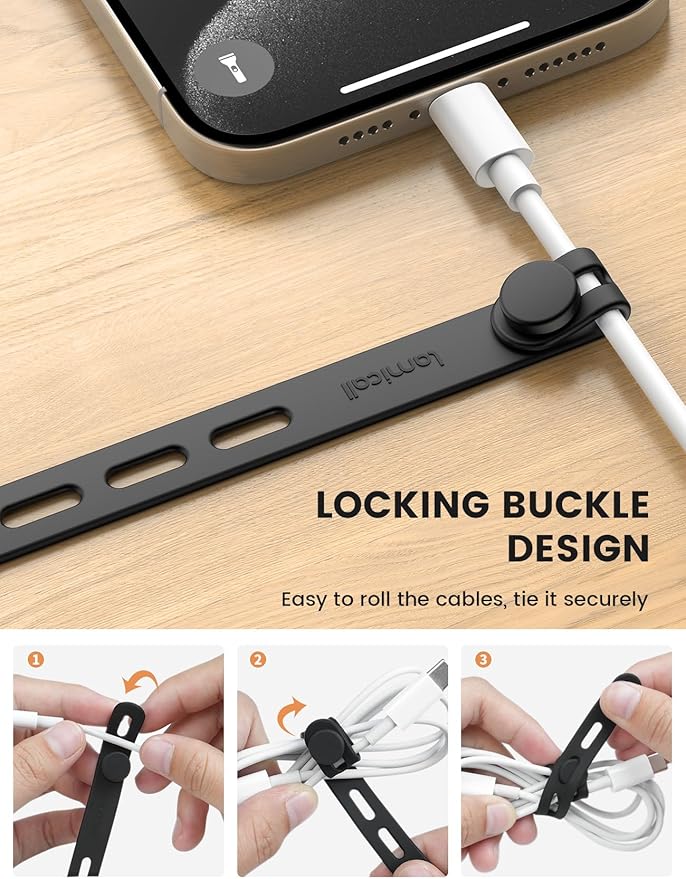 Lamicall 20Pack Silicone Cable Ties, Office Desk Organizer Accessories, Reusable Wire Ties Management with Lock Buckle, Adjustable Charger Cable Strap, Electrical Cord Keeper for Travel Essentials