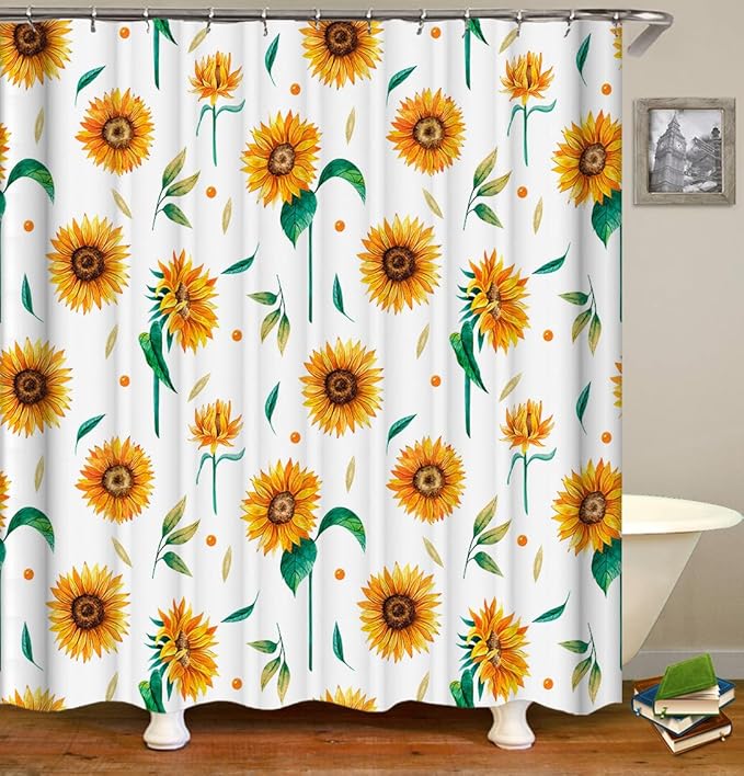 Domoku Sunflower Star Yellow Shower Curtain with Hooks,Summer Waterproof Floral Fabric Bathroom Curtain Set for Autumn Rustic Botanical Flower Bathroom Decorative Watercolor Sunflower, 72"x72"