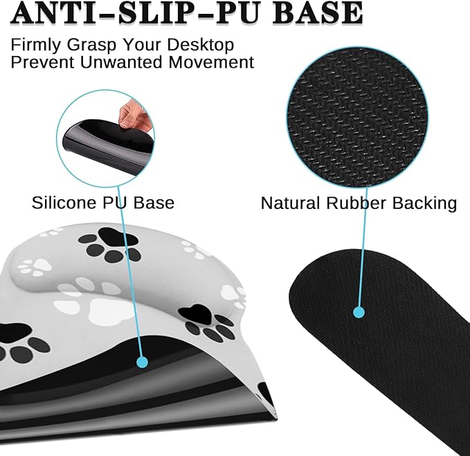 Britimes Ergonomic Mouse Pad Set with Wrist Rest Gray Paw Print Non-Slip Rubber Base Wrist Cushion Support and Coasters Mousepad with Wrist Support for Computer Keyboard and Desk