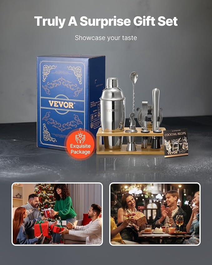 VEVOR Cocktail Shaker Set, 10-Piece Stainless Steel Bar Tools with Bamboo Stand, Martini Bartender Kit Accessories | Mixer Spoon, Muddler, Jigger, Strainer, Liquor Pourers, Ice Tong, Corkscrew, Silver