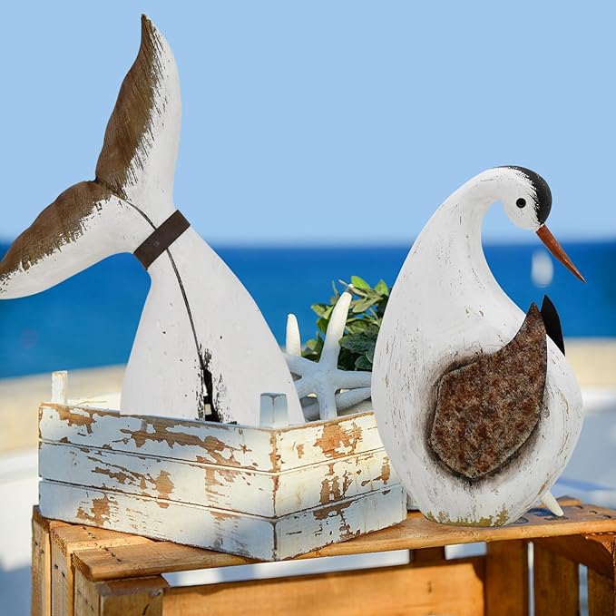 Wood Bird Statue Nautical Decor Decorative Rustic Seabird Sculpture Wooden Beach Themed Coastal Mediterranean Tabletop Decoration for Home Bathroom Living Room (L)