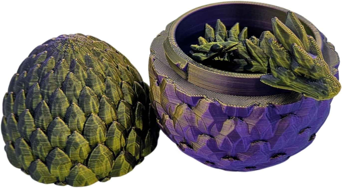 3D Printed Dragon Egg Articulating Gemstone Dragon Fidget Figurine - Vibrant Color Dragons Flexible ADHD, Autism and Anxiety Relief - Articulated Joints (Gold Purple Black)
