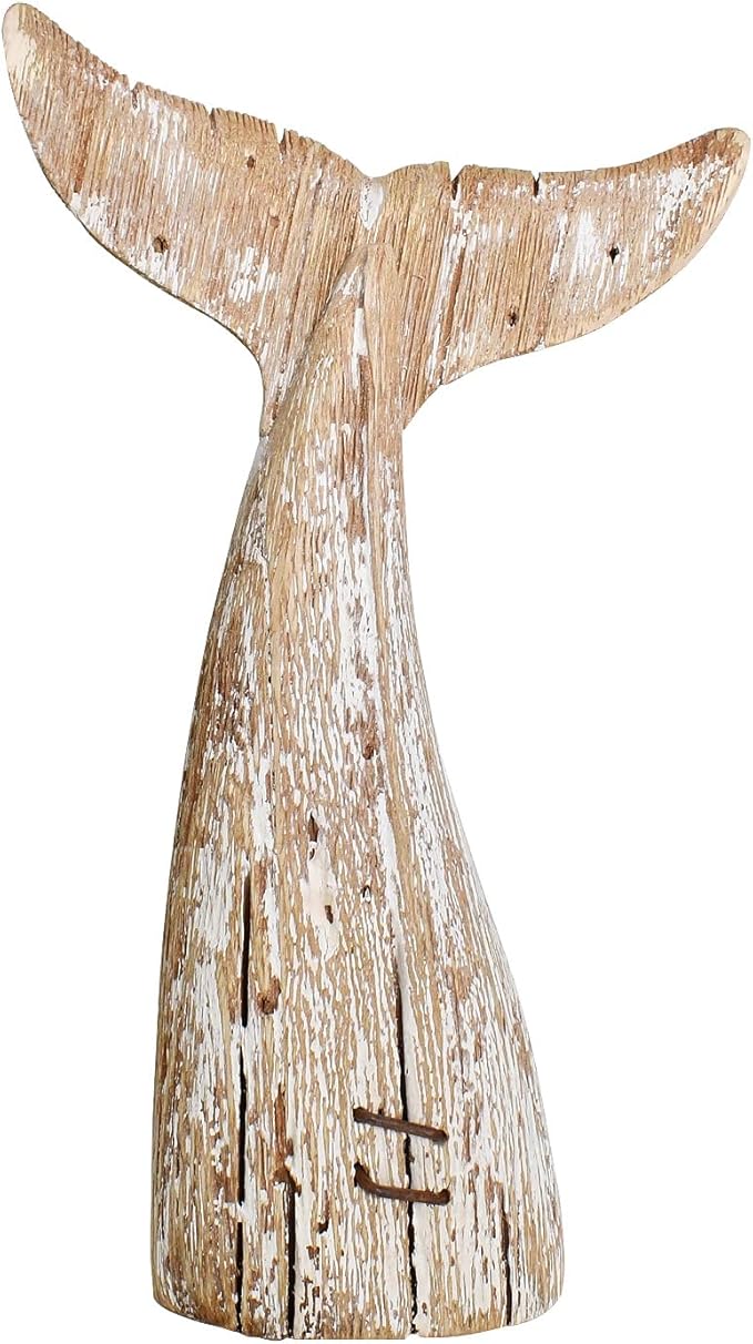 Aecipl Nautical Home Decor Wood Whale Tail Tabletop Statue Decorative Rustic Sculpture Ocean Beach Coastal Themed Figurine Whale Ornament Bathroom Shelf Decoration (8.5" H)