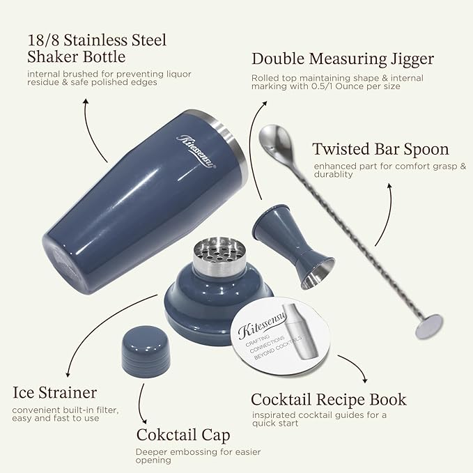 KITESSENSU Cocktail Shaker Set, Stainless Steel Martini Shaker with Bartender Strainer, Measuring Jigger, Bar Mixing Spoon, Cocktail Recipe Included, Navy
