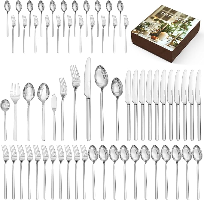 KINGSTONE Silverware Sets with Serving Utensils, 65 Piece Flatware Set for 12 with Gift Box