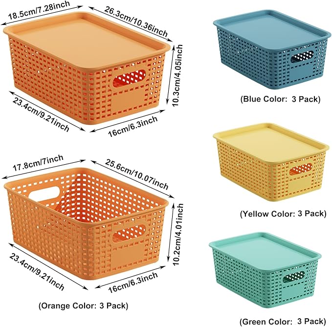 Colorful Plastic Storage Baskets with Lids 12 Pack Stackable Storage Bins Containers for Shelves Organizing, Colored Cute Decorative Storage Boxes for Classroom, Playroom, Closet, Pantry