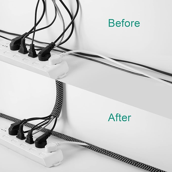 ZhiYo 6.6ft - 1 inch Cable Sleeve, Cord Wrap Wire Protector Tubing for Pets, PC Cable Wrap, Computer Cable Management Sleeve - Black - White