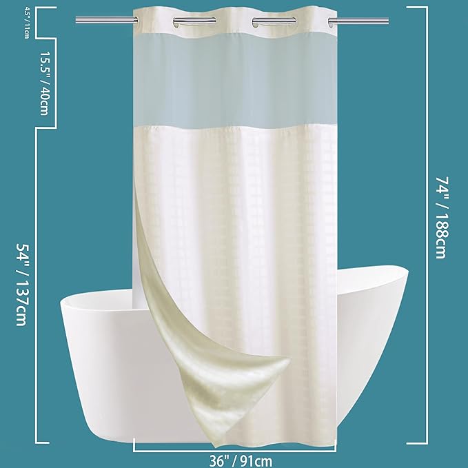 Conbo Mio Stall No Hook Shower Curtain with Snap in Liner Set, Hotel Luxury Beige Shower Curtains for Bathroom with See Through Top Window, Waterproof, Washable 36W x 74H