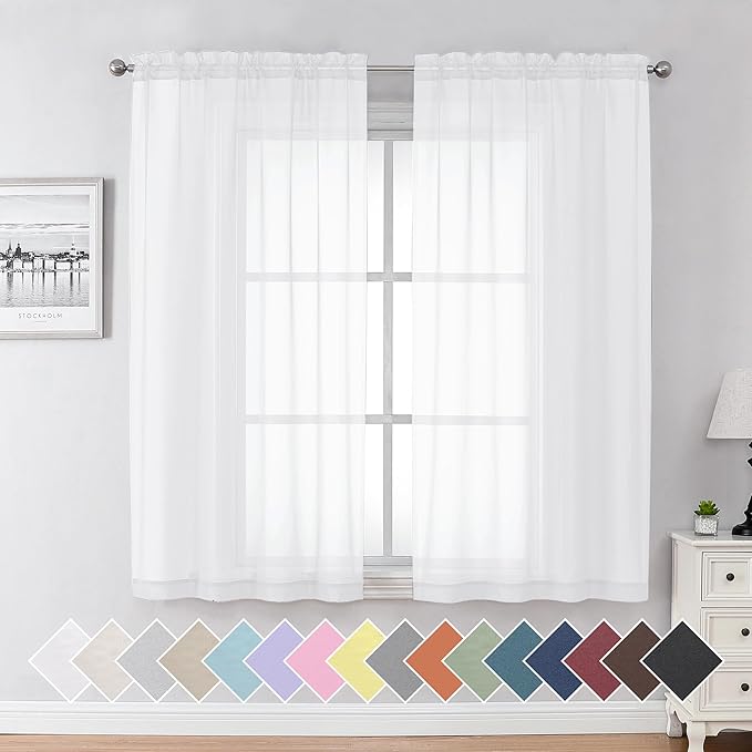Aiyufeng 2 Piece White Sheer Curtains 63 Inch Length, Light Filtering Kitchen Curtain for Small Window, Voile Top Dual Rod Pocket, 2 x 40 W x 63" L