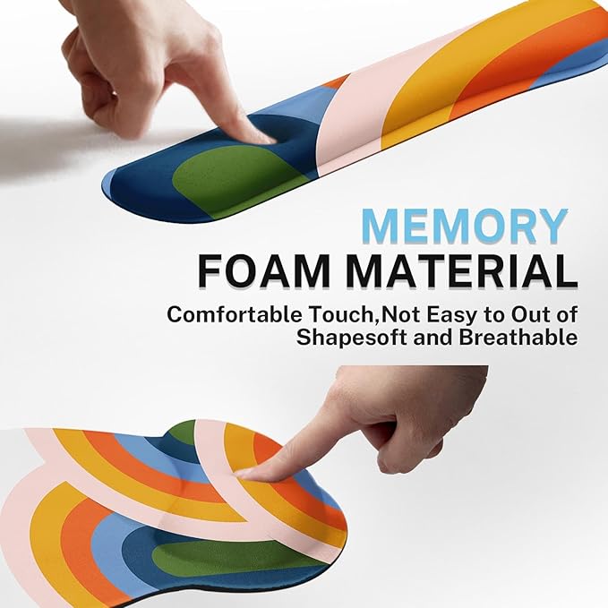 Britimes Ergonomic Mouse Pad Set with Wrist Rest Abstract Rainbow Non-Slip Rubber Base Wrist Cushion Support and Coasters Mousepad with Wrist Support for Computer Keyboard and Desk