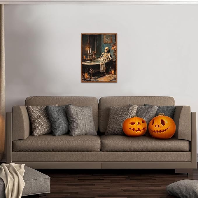 LHIUEM 12”X16”Halloween Goth Skull Framed Wall Art Vintage Skeleton Canvas Decor Unique Soaking Bones Shower Wall Art Spooky Halloween Gothic Picture Moody Skeleton Bathtub Decor for Bathroom Toilet