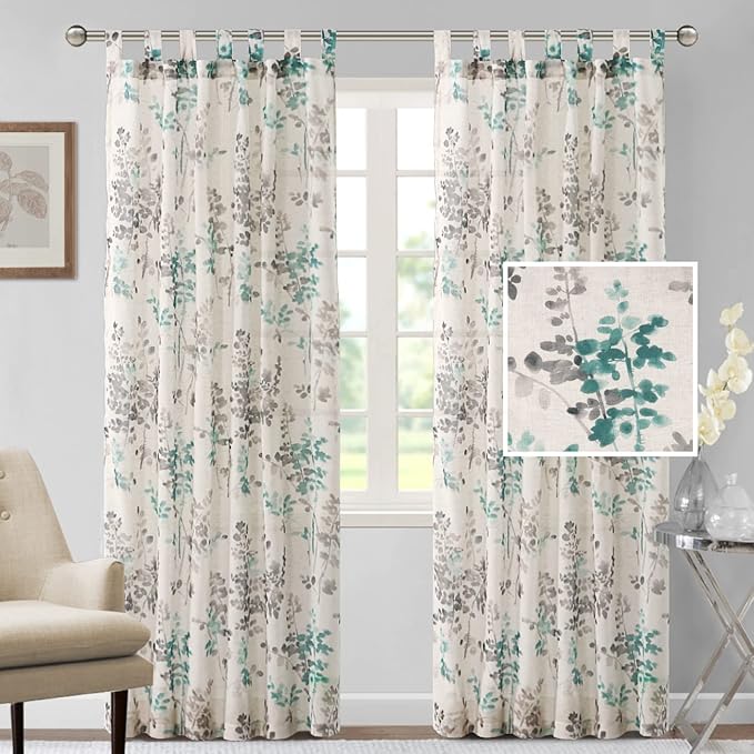 H.VERSAILTEX Linen Sheer Curtains for Living Room Sheer Panels 84 Inches Long Light Filtering Tab Top Window Treatment Drapes for Bedroom, 2 Panels, Vintage Classical Floral Print Turquoise and Taupe