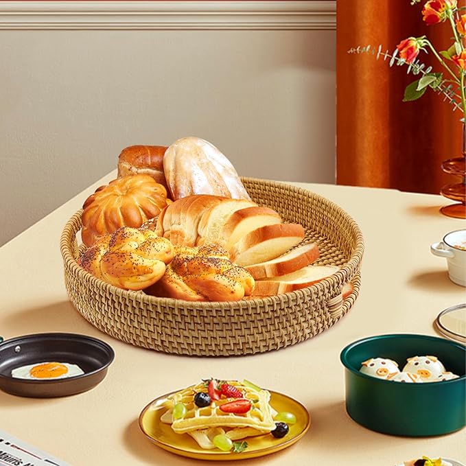 Handwoven Rattan Round Serving Tray, Natural Wicker Decorative Tray for Serving, Coffee Table, Home Boho Décor and Entertaining, Gift Idea Choice