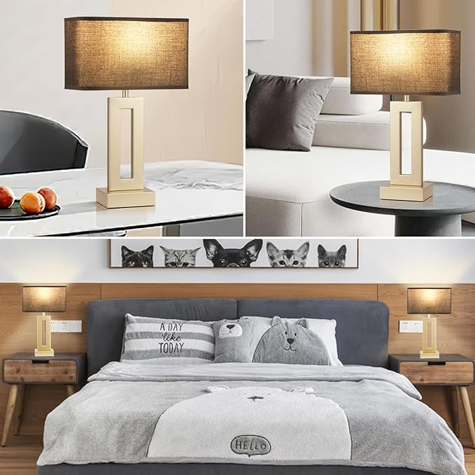 Bedroom Table Lamps Set of 2 - Black Gold Touch Bedside Lamps with USB C+A, 3 Way Dimmable Gold Lamp for Nightstand, Modern Night Stands Lamps for Living Room