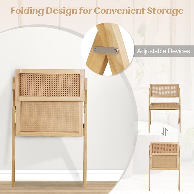 Giantex Folding Dining Chairs Set of 4, Wooden Folding Chair with Rattan Backrest & Seat, Sturdy Rubber Wood Frame, Armless Accent Chairs for Living Room, Kitchen Wedding Party, No Assembly, Natural