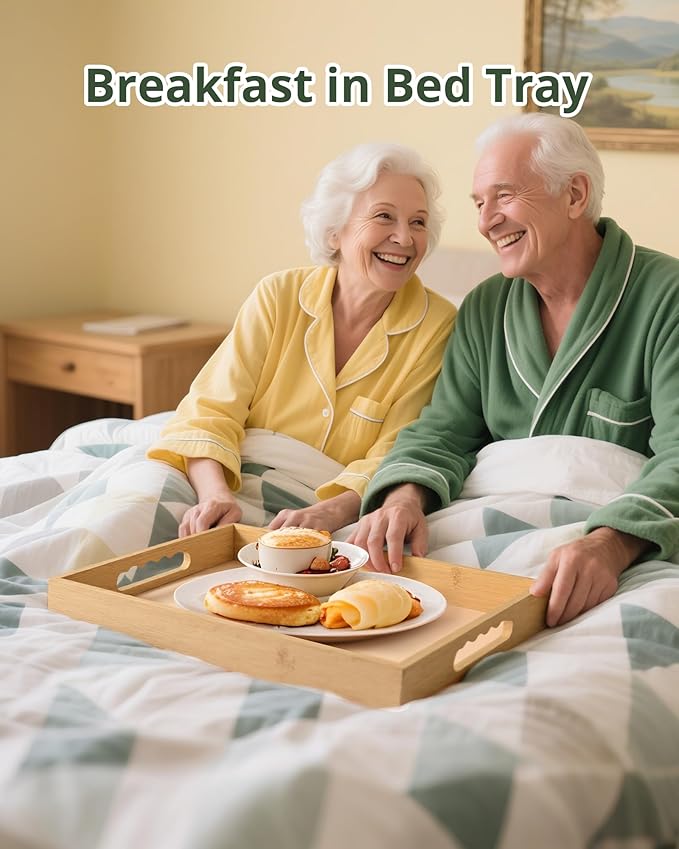 Bamboo Serving Tray, Breakfast in Bed Tray with Removable Silicone Mat, for Pantry Living Room Bathroom Tea Bar