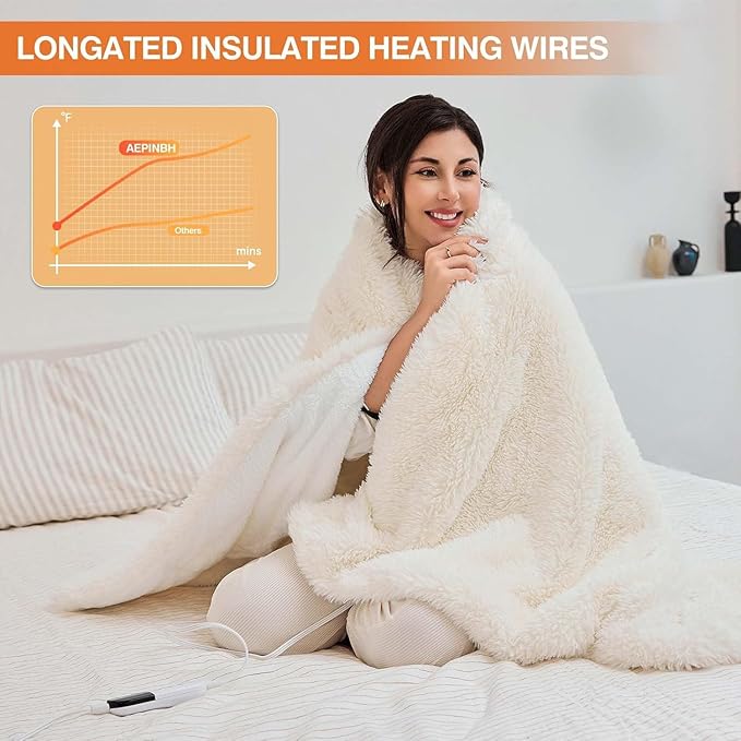Heated Blanket with 10 Hours Auto-Off 6 Heat Level, Cozy Shaggy Faux Rabbit Fur Electric Blanket with Overheating Protection (White, 84"X90")