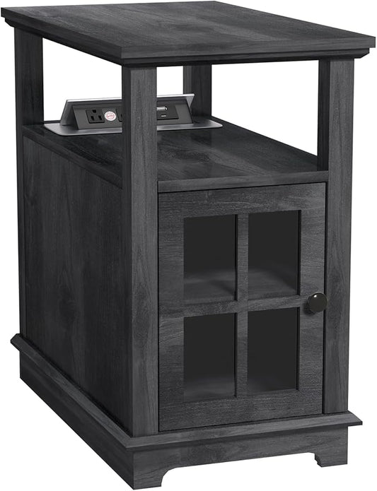 HIFYOBRO Narrow End Table with Flip Top Charging Station and Storage Cabinet, Type-C & USB Port & Power outlets, Adjustable Shelf, Blackgray Side Table with Storage for Living Room and Bedroom