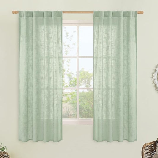 LAMIT Semi Sheer Window Linen Curtains 63 Inch Length, Light Filtering Panels Back Tab and Rod Pocket Country Decor Drapes for Bedroom/Living Room, Fresh Green, 2 Panels, 34 x 63 Inch