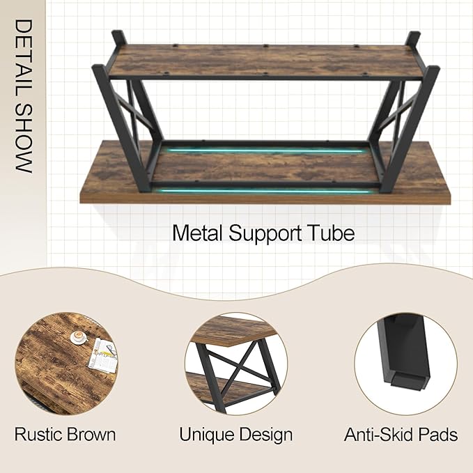 EXCEFUR Modern Coffee Table, Wood and Metal Living Room Center Table with Storage Shelf, Industrial Rectangle Cocktail Tea Table, Rustic Brown, 47 Inch