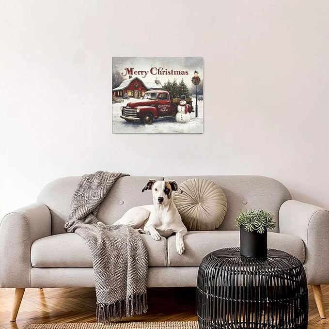 Christmas Pick-Up Truck Wall Art Christmas Tree Canvas Wall Decor Farm Barn Pictures Paintings Prints Snowman Artwork Framed Winter Holidays Decorations For Bathroom Bedroom Living Room Office Gifts 24" x 20"