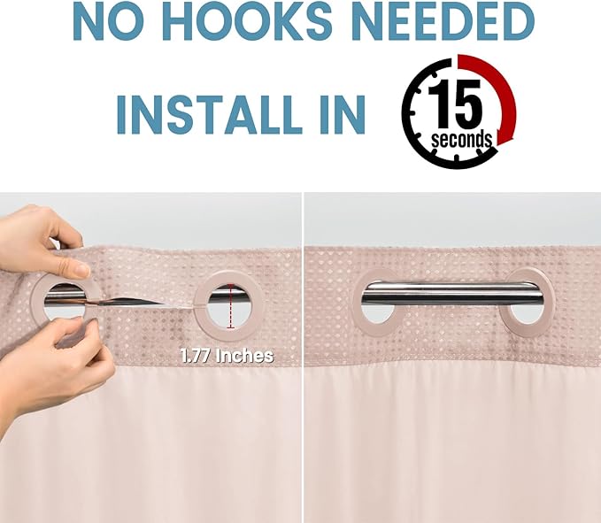 Blush Pink Long No Hook Shower Curtain with Snap in Liner,230GSM Waffle Weave Shower Curtains for Bathroom,71W x 86H