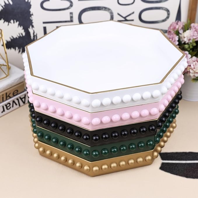 White Serving Tray for Coffee Table, Octagonal Beaded Plastic Decorative Tray for Ottoman, Kitchen Counter, Living Room, Outdoor Lacquer Tray for Entertaining