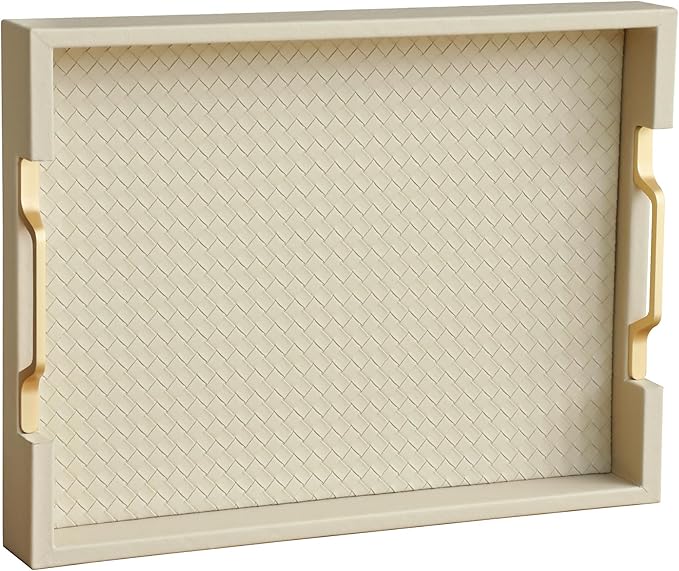 HofferRuffer Faux Leather Rectangle Serving Tray Decor Platter with Gold Metal Handles for Coffee Table, Breakfast, Tea, Food, Countertop, Kitchen, Butler Tray, 16.2 x 12.2 x 2 inches (Cream White)
