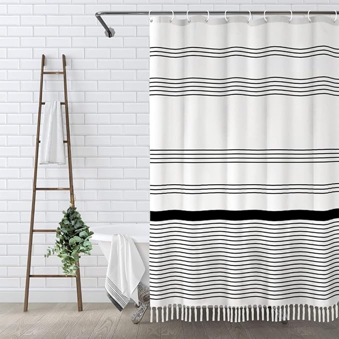 Awellife Black and White Boho Shower Curtain for Bathroom Stripe Tassel Shower Curtain Farmhouse Cotton 96" L x 72" W