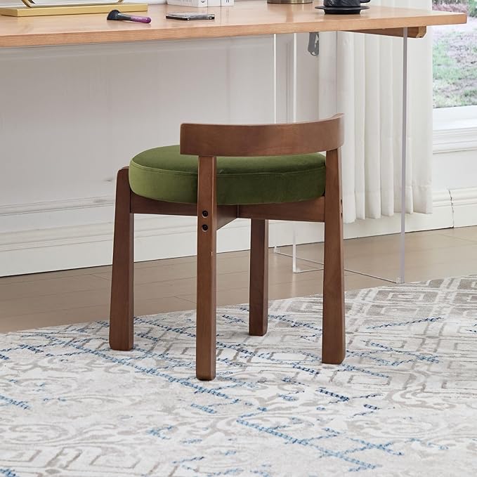 LukeAlon Cute Velvet Upholstered Vanity Stool, Round Makeup Stool with Wooden Legs Small Ottoman Chair Modern Padded Seat for Makeup Room Cloakroom Bedroom Entryway, Vintage Green