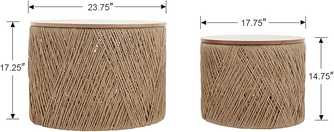 chairus Nesting Coffee Table Set of 2 Woven Round Coffee Table with Storage Solid Wood Side Table for Small Spaces, Living Room, Bedroom, Office, Natural