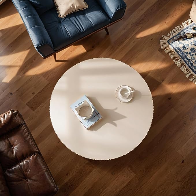 Modern Wood Coffee Table - Handcraft Drum Coffee Tables with Sturdy Base, Easy Assembly, Contemporary Style Small Coffee Table Tea Table for Living Room, Bedroom, Office (White Thin)