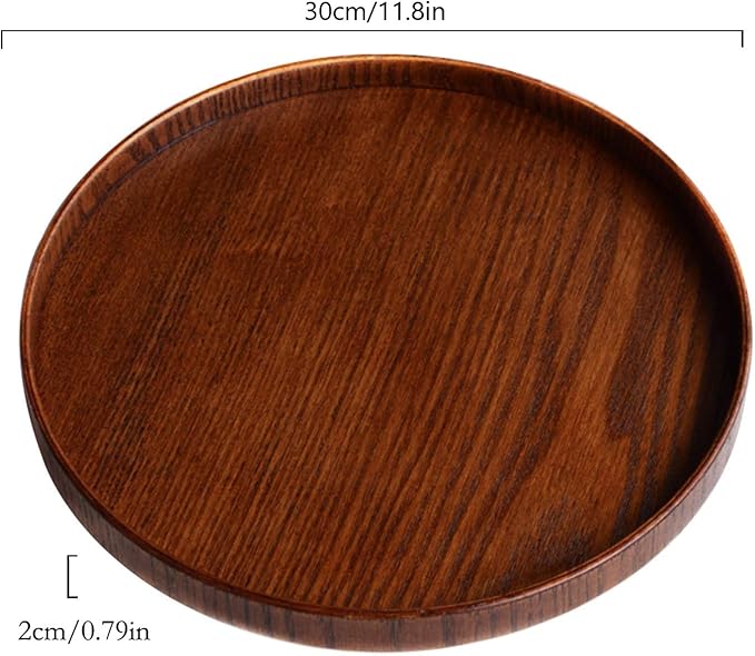Solid Wood Serving Tray, Decorative Serving Trays Platter Round Non-Slip Tea Coffee Snack Plate Food Meals Serving Tray with Raised Edges for Home Kitchen Restaurant (11.8inch, Brown)