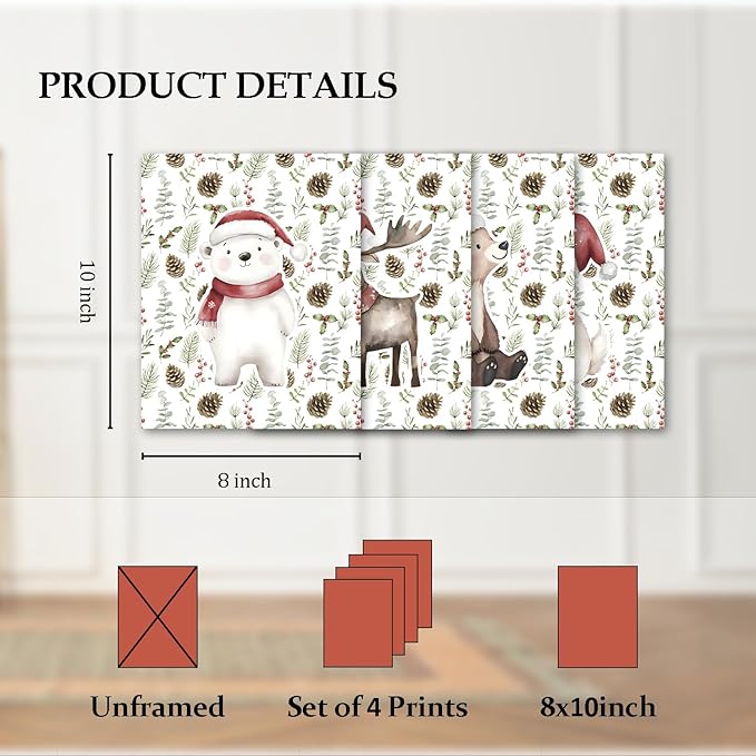 TFKFJLF Cute Christmas Animal Wall Art Poster Decor for Kids, Christmas Bear Painting Pictures Wall Decor, Winter Holidays Decorations for Nursery Bedroom Living Room, Unframed 8x10in Set of 4