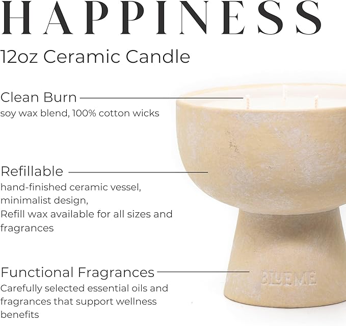 BLUEME Yuzu & Ginger, Luxury Candle w/Essential Oils, 3 Wick, Hand-Poured Soy, Cotton Wick, Ceramic