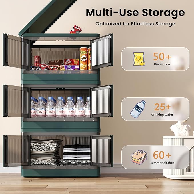 8.4Gal Collapsible Storage Bins with Lids & Wheels - 3 Pack Stackable with Doors, Heavy-Duty Plastic Containers for Home/Office, Green