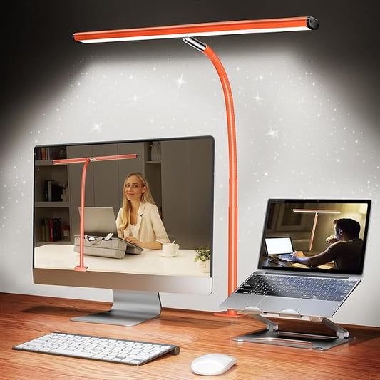 LED Desk Lamp for Office Home, Eye-Caring Desk Light with Stepless Dimming Adjustable Flexible Gooseneck, 10W USB Adapter Desk Lamp with Clamp for Reading, Study, Workbench (Orange)