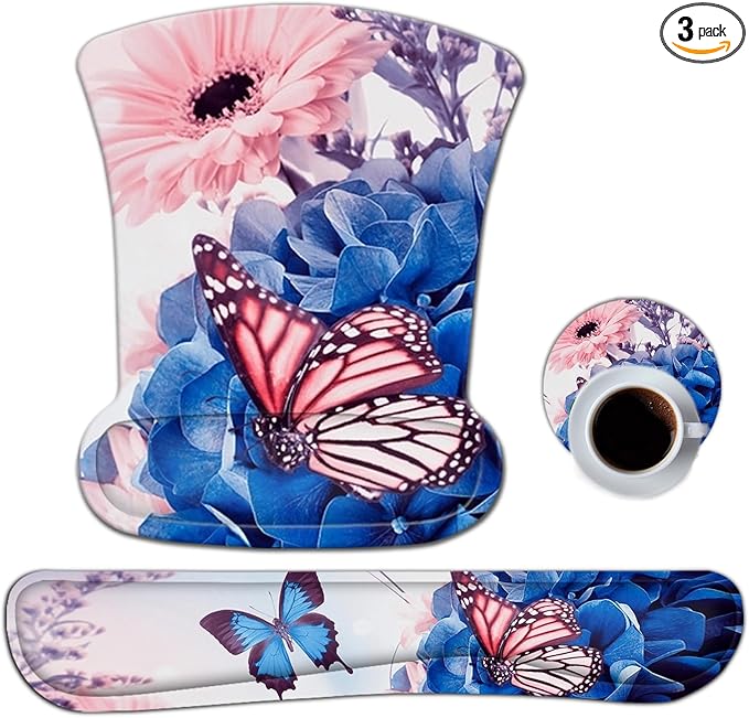 AIMSA Wrist Rest Support Mouse Pad Ergonomic, Memory Foam Keyboard Wrist Rest Set Non-Slip Easy Typing and Relieve Wrist Pain Mouse Mat for Computer Office -Butterfly Flower