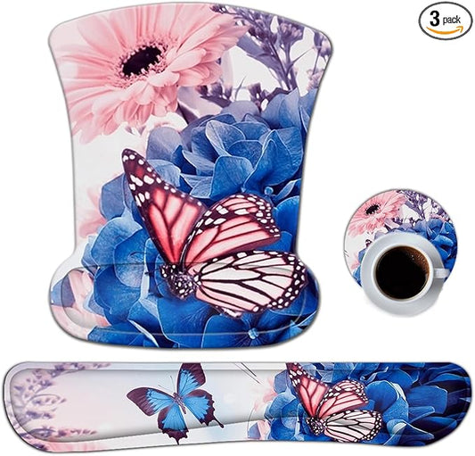 AIMSA Wrist Rest Support Mouse Pad Ergonomic, Memory Foam Keyboard Wrist Rest Set Non-Slip Easy Typing and Relieve Wrist Pain Mouse Mat for Computer Office -Butterfly Flower