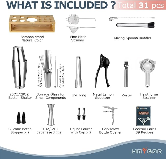 HMYBAR® Mixology Bartender kit | Cocktail Shaker Set | Boston Shaker Set, 20/28 OZ | Martini Making Set for Home Bar.Total 31 pcs incl 39-Recipe Cocktail Cards. Silver Tools. Bamb Stand Natural Color