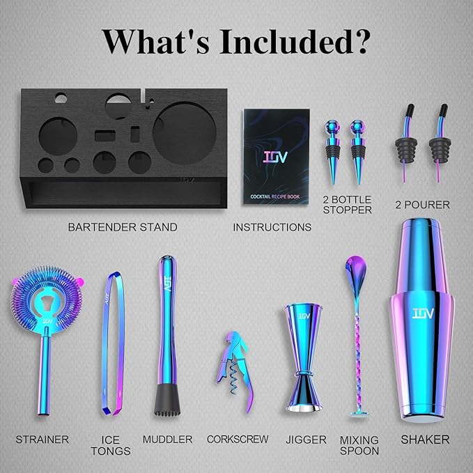 IOV Cocktail Shaker Set: 12-Piece Mixology Bartender Kit Bar Set | 18oz & 28oz Boston Shaker Drink Mixing Tools for Home with Recipe Booklet and Stand | Fun Housewarming Gift (Rainbow)
