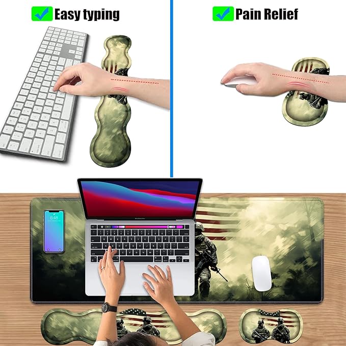 4 in 1 Ergonomic Keyboard Wrist Rest & Mouse Pad Wrist Rest Set, Large Gaming Desk Mat 31.5"x 11.8" with Non-Slip Base, Memory Foam for Home Office Study Gaming, American Military Army Troops Soldiers