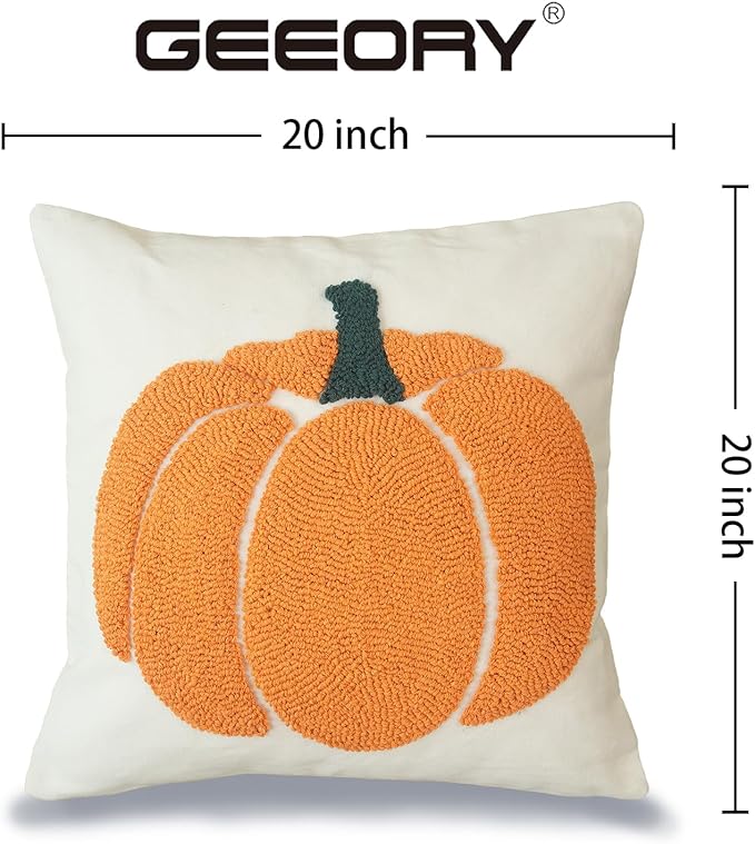 GEEORY Fall Pillow Covers 20x20 inch, Embroidered Pumpkins Throw Pillows Farmhouse Thanksgiving Decor Cushion Case for Sofa & Bed Home Decorations (Orange) GX002-1-20