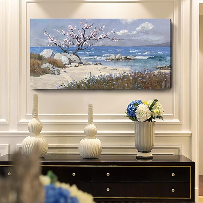 amatop Large Coastal Wall Art Prints– Blue Ocean Beach Abstract Landscape Canvas Picture Pink Floral Tree Cherry Blossom Nature Decorative Artwork for Living Room Bedroom Office Home Decor 48x24 In