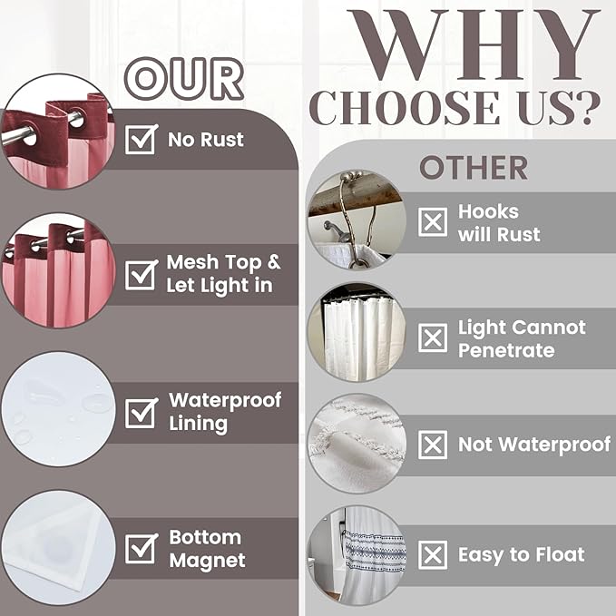 No Hook Slub Textured Shower Curtain with Snap in Liner - Burgundy Fabric Outer Curtain & Waterproof Inner Liner, Hotel Style with See Through Top Window, 71x74 in